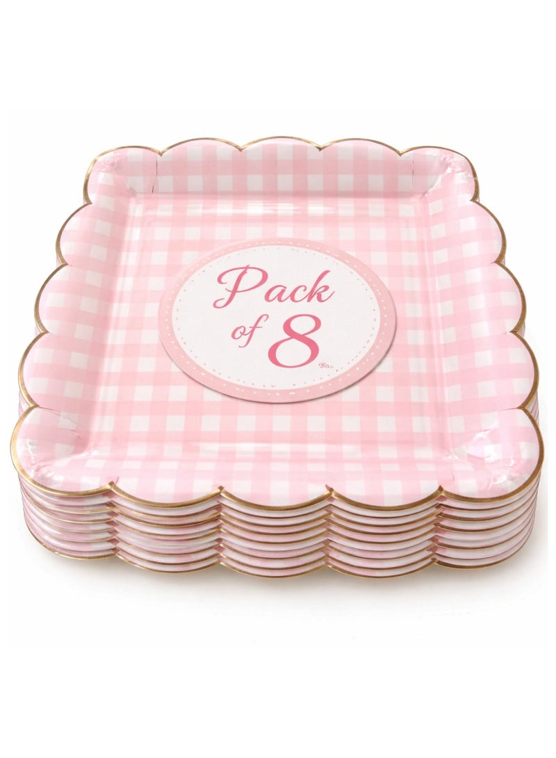 ThePartyPopper Pink Checkered 9 Inch Paper Plates Pack of 8 – Disposable Party Plates for Birthday, Baby Shower, Picnic, Tea Party & Pastel Theme Decorations - Image 2