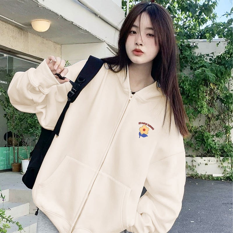 Floral Hoodie Warm Zipper Sweatshirt Womens Winter Plus Size Black - Image 5