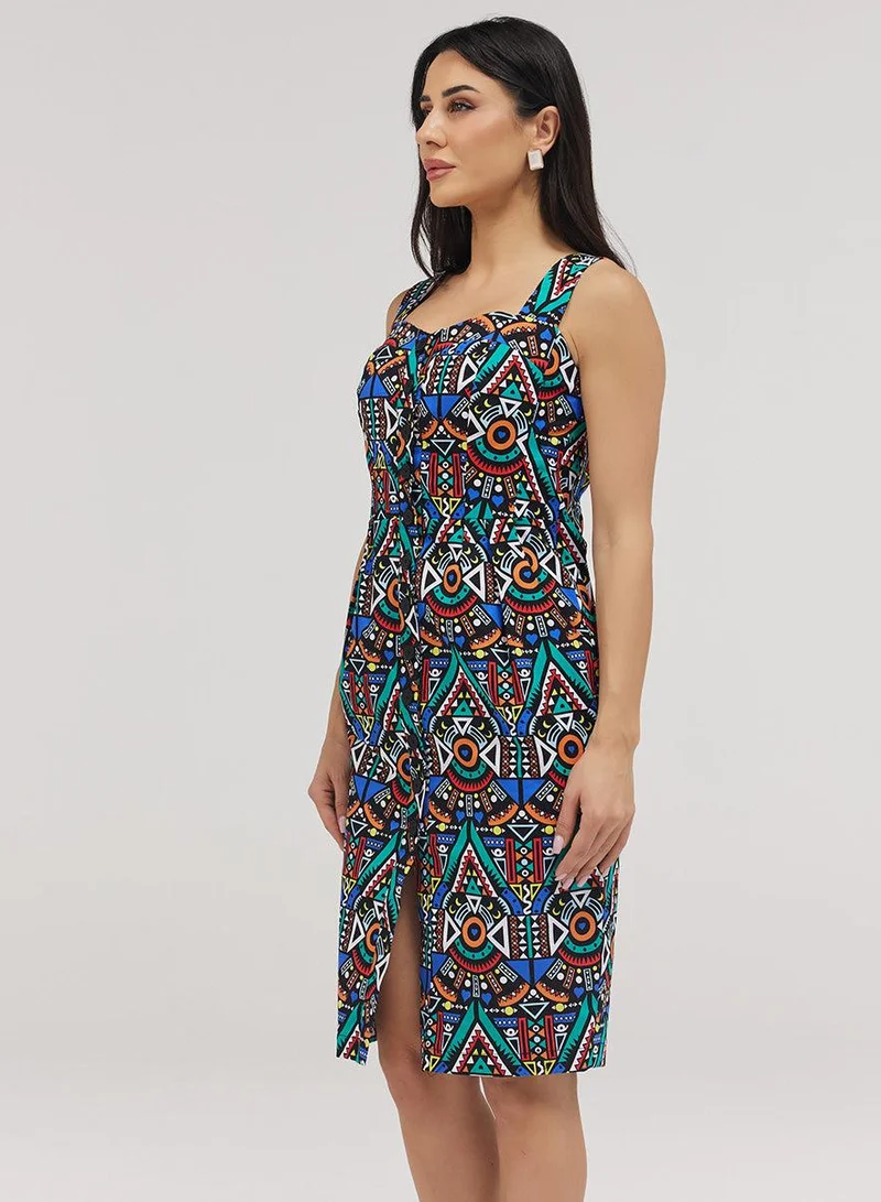 Zigzag Front Buttoned V bra Cut Dress With Thick Straps