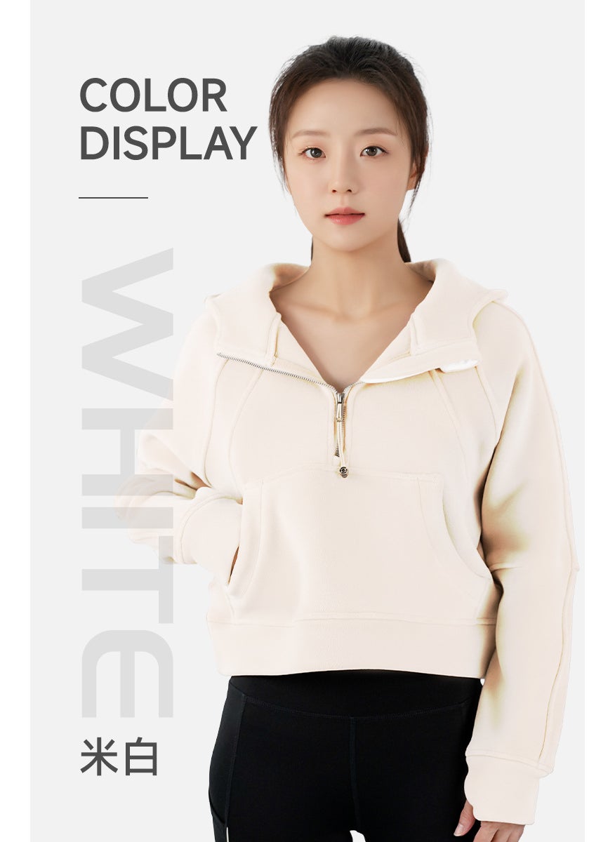 Generic - Lulu Autumn/Winter Sweatshirt Cropped With Hoodie Pullover Yoga Sweatshirt Half-zip Fleece Sports Sweatshirt Jacket For Women White hooded - Image 1