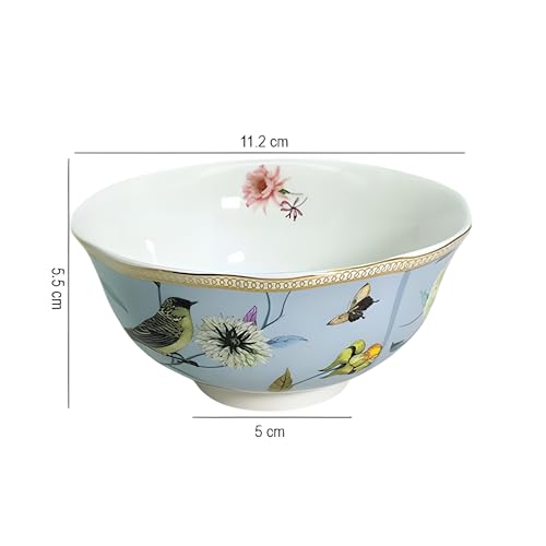 Lemon Tree Round Shape Ceramic Snack Bowl with Floral Bird Print & Thick Gold Line Decal - 2 Piece Set, Lightweight, Ideal for Serving Snacks, Dry Fruits, Nuts, Desserts & Cookies (Light Blue) - Image 4