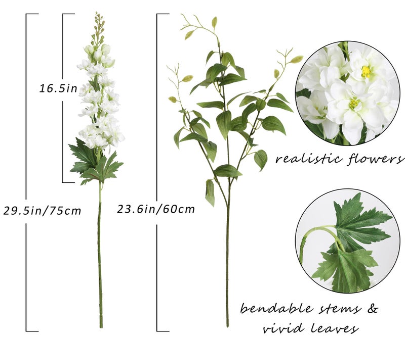 ICBOX 8PCS White Artificial Delphinium Flowers with Clematis Greenery Long Stem Flowers 29.5" Larkspur Artificial Flowers for Wedding Centerpieces Silk Flowers for Home Decor Indoor (White) - Image 2