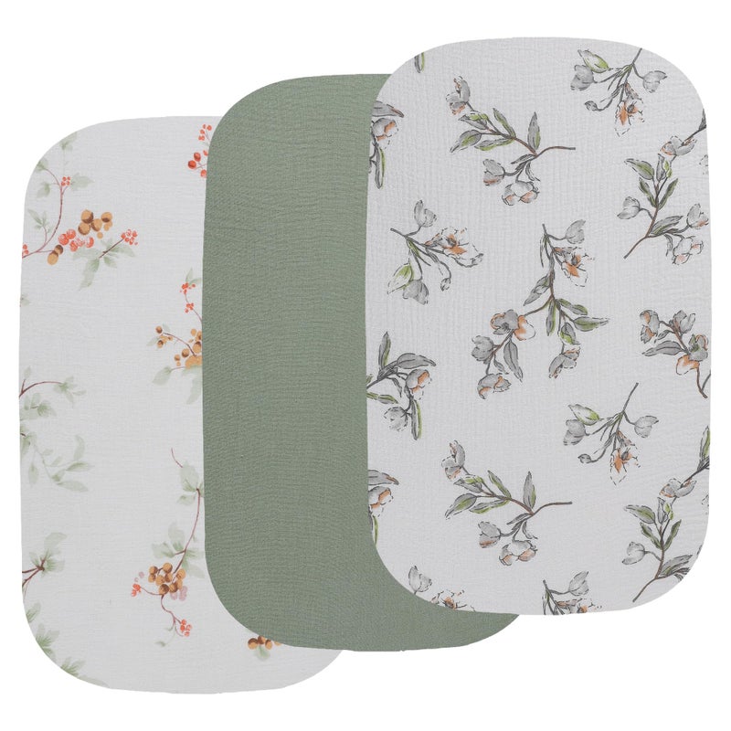 Onacosht Muslin Bassinet Sheets 3 Pack, 100% Cotton Baby Fitted Sheet 33" x 19" Compatible with Mika Micky, KoolaBaby (3 in 1), BabyBond, HARPPA and RICUTON Bedside Bassinet, Green and Botanical - Image 1
