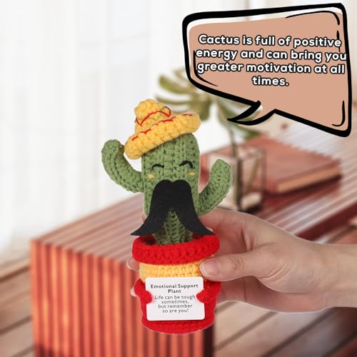 lasuroa Funny Positive Cactus Crochet Potato Toy, 6.69 Inch with Mustache Knitted Fabric with Encouragement Card Wool Emotional Support Plush Plant Doll for Party Gifts Mexican Cinco de Mayo Carnivals - Image 5
