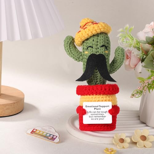 lasuroa Funny Positive Cactus Crochet Potato Toy, 6.69 Inch with Mustache Knitted Fabric with Encouragement Card Wool Emotional Support Plush Plant Doll for Party Gifts Mexican Cinco de Mayo Carnivals - Image 4