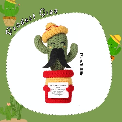 lasuroa Funny Positive Cactus Crochet Potato Toy, 6.69 Inch with Mustache Knitted Fabric with Encouragement Card Wool Emotional Support Plush Plant Doll for Party Gifts Mexican Cinco de Mayo Carnivals - Image 2