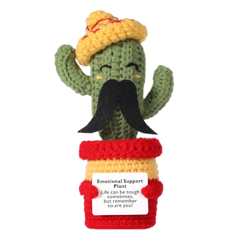 lasuroa Funny Positive Cactus Crochet Potato Toy, 6.69 Inch with Mustache Knitted Fabric with Encouragement Card Wool Emotional Support Plush Plant Doll for Party Gifts Mexican Cinco de Mayo Carnivals - Image 1