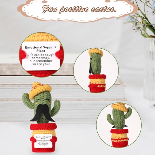 lasuroa Funny Positive Cactus Crochet Potato Toy, 6.69 Inch with Mustache Knitted Fabric with Encouragement Card Wool Emotional Support Plush Plant Doll for Party Gifts Mexican Cinco de Mayo Carnivals - Image 3