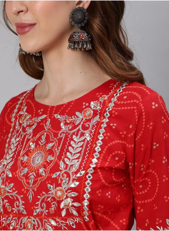 آي شين Women Red & Silver-Toned Ethnic Motifs Embroidered Mirror Work Anarkali Kurta