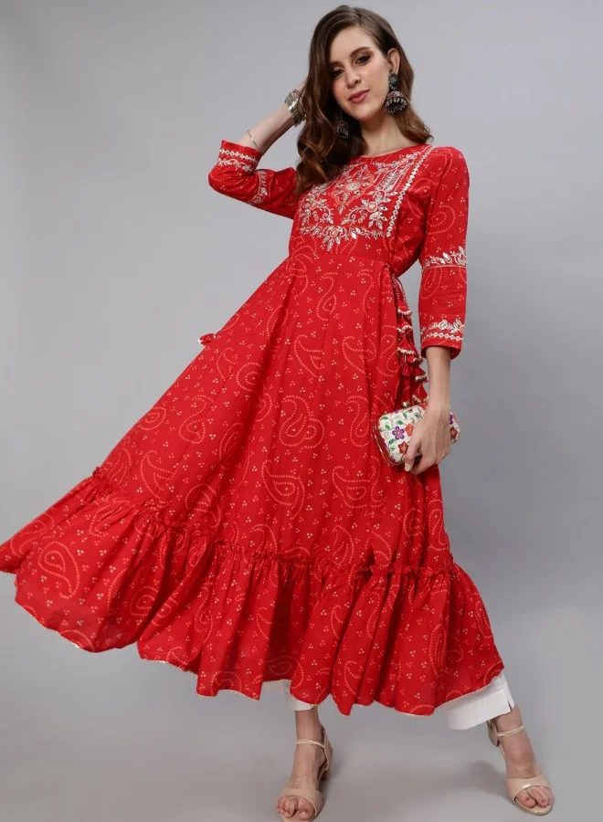 ISHIN Women's Red 100% Cotton Self Design A-Line Kurta