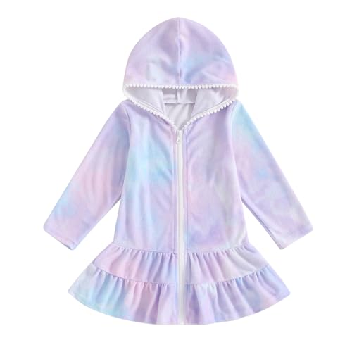 SAYOO Kids Girl Swim Cover Up Hooded Zip-Up Tie Dye Terry Swimsuit Cover-ups Beach Robe Dress Bathrobe Towel Bathing Suit (Purple, 1-2 Years) - Image 1