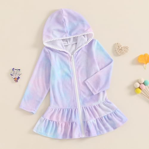 SAYOO Kids Girl Swim Cover Up Hooded Zip-Up Tie Dye Terry Swimsuit Cover-ups Beach Robe Dress Bathrobe Towel Bathing Suit (Purple, 1-2 Years) - Image 2