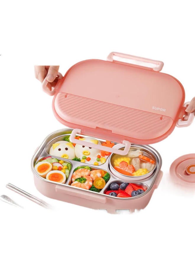 Supor 316L Stainless Steel Lunch Box, 5-Compartment Meal Tray With Soup Bowl, Large Capacity 1.5L, Peach Blossom Pink, For Students And Office Workers - Image 3
