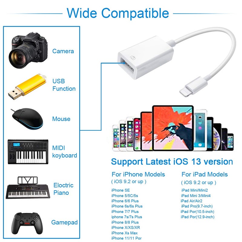 WORLDBOYU Lightning to USB Camera Adapter Lightning Female OTG Cable Adapter for Select iPhone,iPad Models Support Connect Camera, Card Reader, USB Flash Drive, MIDI Keyboard, White - Image 2