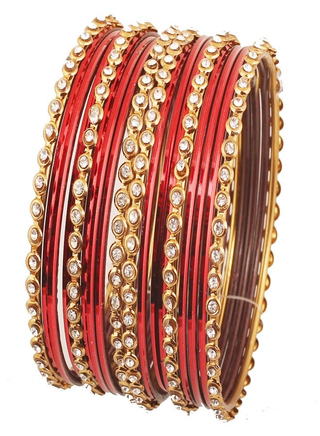 Touchstone Colorful Bangle Collection Indian Bollywood Alloy Metal and Textured Lipstick Red Designer Jewelry Bangle Bracelets. Set of 18. in Antique Gold Tone for Women. - Image 1