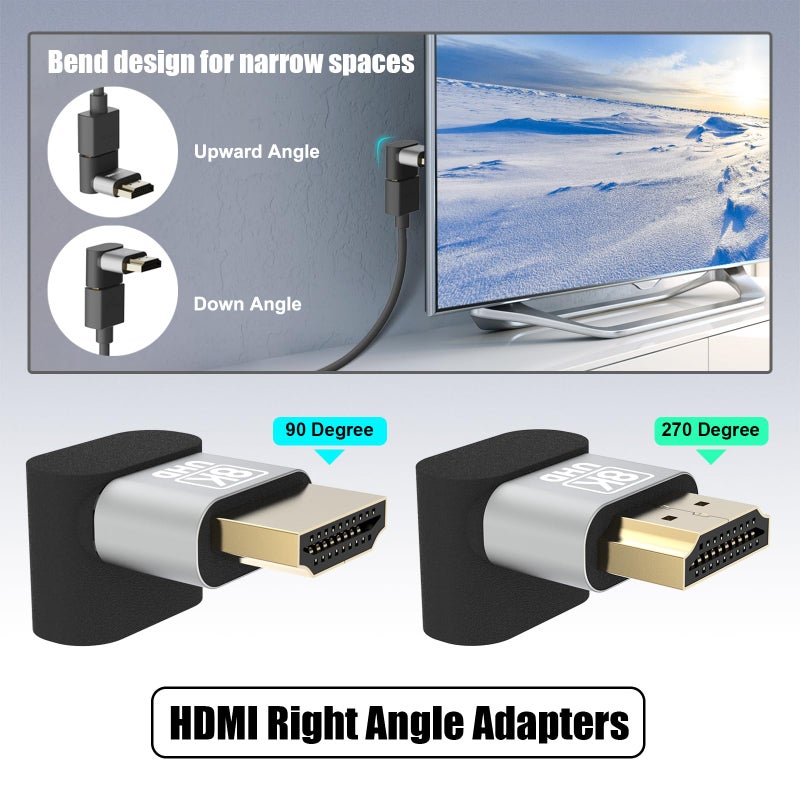 VCELINK 8K@60Hz HDMI Right Angle Adapter, 90 & 270 Degree HDMI Male to Female, HDMI 2.1 Cable Adapter with 4K@120Hz, HDR, eARC for HDTV, Laptop, PS4, PS5, Xbox - 2-Pack - Image 2