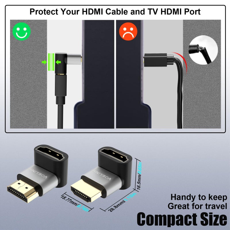 VCELINK 8K@60Hz HDMI Right Angle Adapter, 90 & 270 Degree HDMI Male to Female, HDMI 2.1 Cable Adapter with 4K@120Hz, HDR, eARC for HDTV, Laptop, PS4, PS5, Xbox - 2-Pack - Image 5