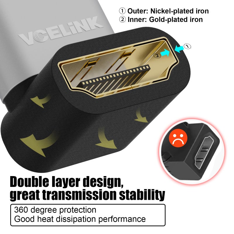 VCELINK 8K@60Hz HDMI Right Angle Adapter, 90 & 270 Degree HDMI Male to Female, HDMI 2.1 Cable Adapter with 4K@120Hz, HDR, eARC for HDTV, Laptop, PS4, PS5, Xbox - 2-Pack - Image 4