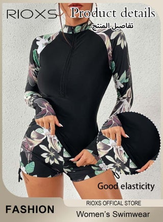 2PCS Rash Guard Long Swimsuit for Women, UV Block Zip Up Swimming Costume Set, Breathable Quick-dry Floral Print Bathing Suit Swimwear, Stretch UV Block Swim Shirt and Shorts, Suitable for Surfing, Diving, Swimming or Beach Activities - view 3
