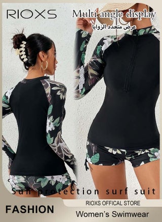 2PCS Rash Guard Long Swimsuit for Women, UV Block Zip Up Swimming Costume Set, Breathable Quick-dry Floral Print Bathing Suit Swimwear, Stretch UV Block Swim Shirt and Shorts, Suitable for Surfing, Diving, Swimming or Beach Activities - view 2