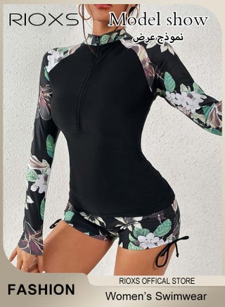 2PCS Rash Guard Long Swimsuit for Women, UV Block Zip Up Swimming Costume Set, Breathable Quick-dry Floral Print Bathing Suit Swimwear, Stretch UV Block Swim Shirt and Shorts, Suitable for Surfing, Diving, Swimming or Beach Activities - view 5