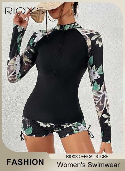 2PCS Rash Guard Long Swimsuit for Women, UV Block Zip Up Swimming Costume Set, Breathable Quick-dry Floral Print Bathing Suit Swimwear, Stretch UV Block Swim Shirt and Shorts, Suitable for Surfing, Diving, Swimming or Beach Activities