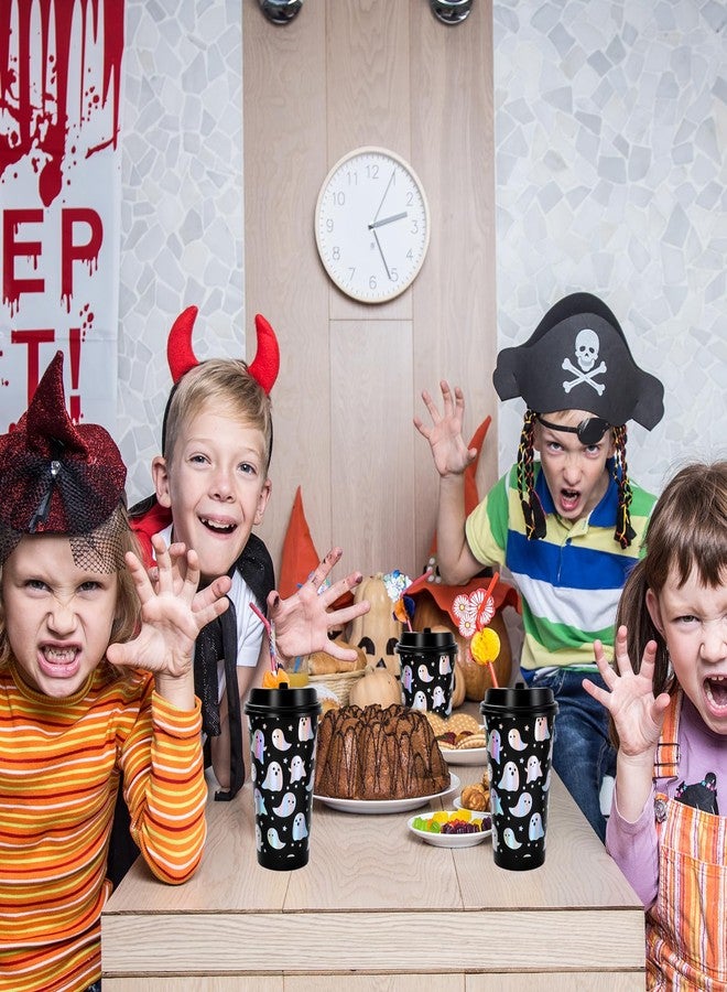 Whaline أكواب قهوة هالوين القابلة للتصرف من واهلين 50 مجموعة مع أغطية أكواب ورقية فضية ليزر شبح أكواب شرب سوداء قزحية لهالوين لوازم حفلة ليتل بو - Image 4