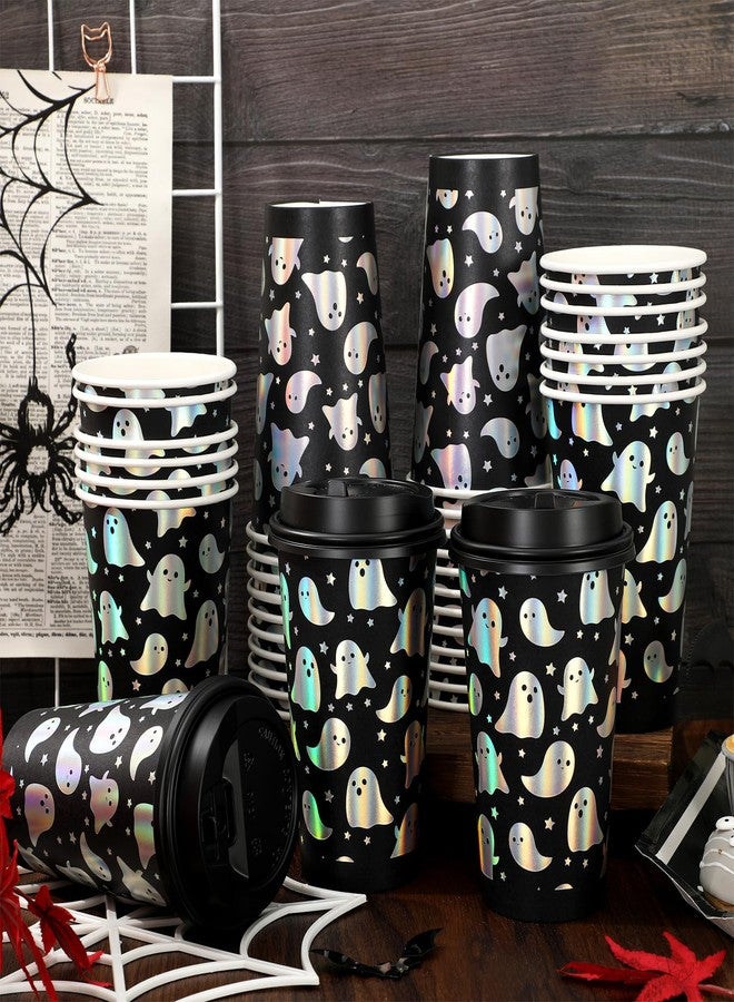 Whaline أكواب قهوة هالوين القابلة للتصرف من واهلين 50 مجموعة مع أغطية أكواب ورقية فضية ليزر شبح أكواب شرب سوداء قزحية لهالوين لوازم حفلة ليتل بو - Image 5