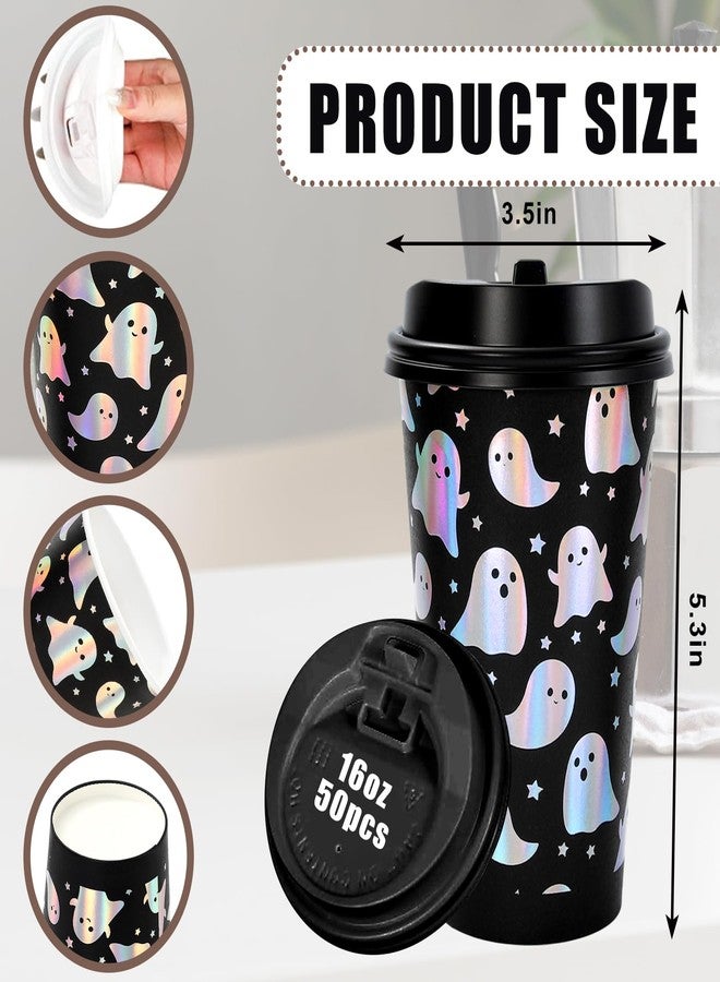 Whaline أكواب قهوة هالوين القابلة للتصرف من واهلين 50 مجموعة مع أغطية أكواب ورقية فضية ليزر شبح أكواب شرب سوداء قزحية لهالوين لوازم حفلة ليتل بو - Image 2