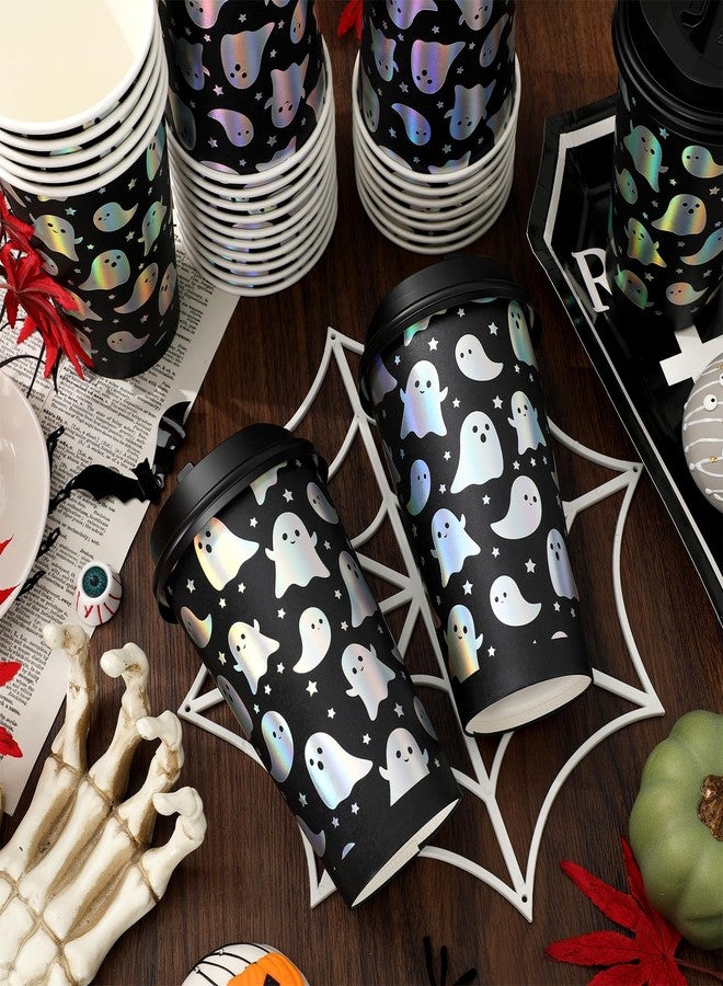 Whaline أكواب قهوة هالوين القابلة للتصرف من واهلين 50 مجموعة مع أغطية أكواب ورقية فضية ليزر شبح أكواب شرب سوداء قزحية لهالوين لوازم حفلة ليتل بو - Image 3