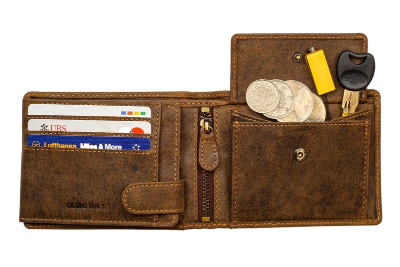 DiLoro Italy Full Size Mens Leather Wallet Bifold Flip ID Zip Coin Wallets with RFID Protection (Dark Hunter Brown With ID) - Image 1
