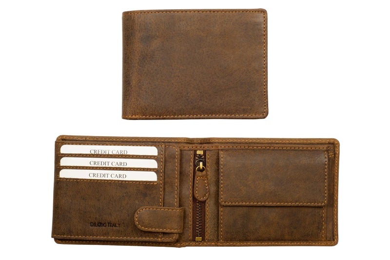DiLoro Italy Full Size Mens Leather Wallet Bifold Flip ID Zip Coin Wallets with RFID Protection (Dark Hunter Brown With ID) - Image 3