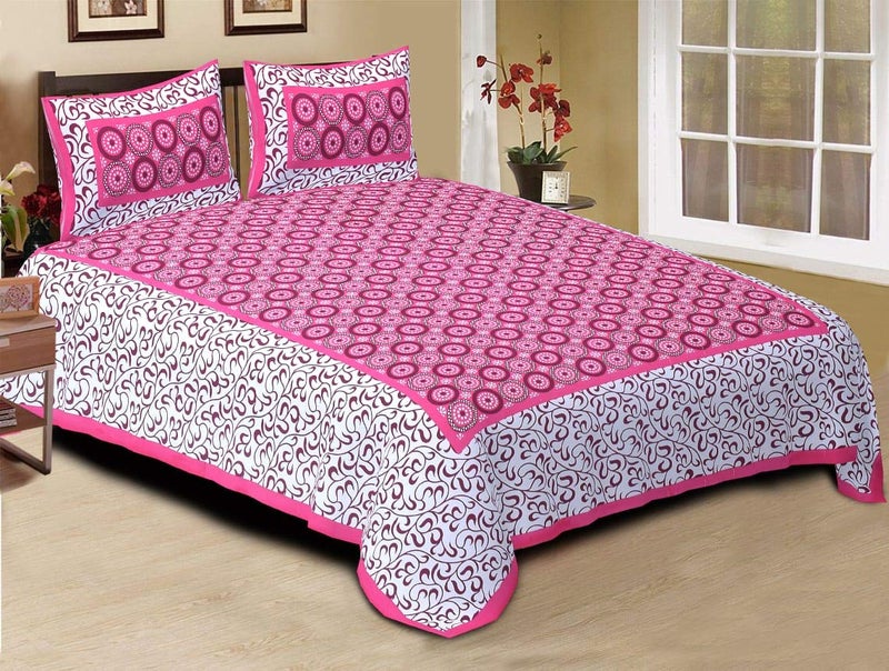 ART WORLD Double Bed Sheet with Pillow Covers Pure Cotton Rajasthani Jaipuri Traditional Printed Bed Cover (Queen Size, Pink) - Image 1