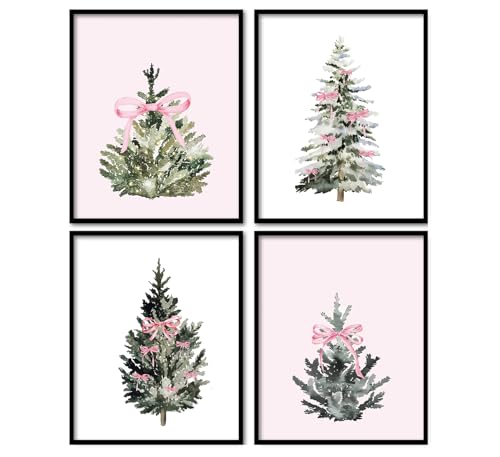 foedor Coquette Pink Christmas Room Wall DecorPink and White Christmas DecorChristmas Wall Art Decorations for Home Kitchen Bedroom Bathroom Living RoomPine Tree Wall Art Winter Holiday Decorations8x10 Set of 4 - Image 1