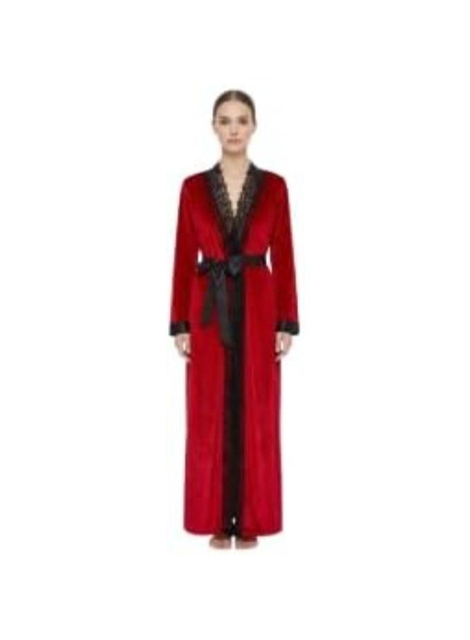 Red plush robe with black lace