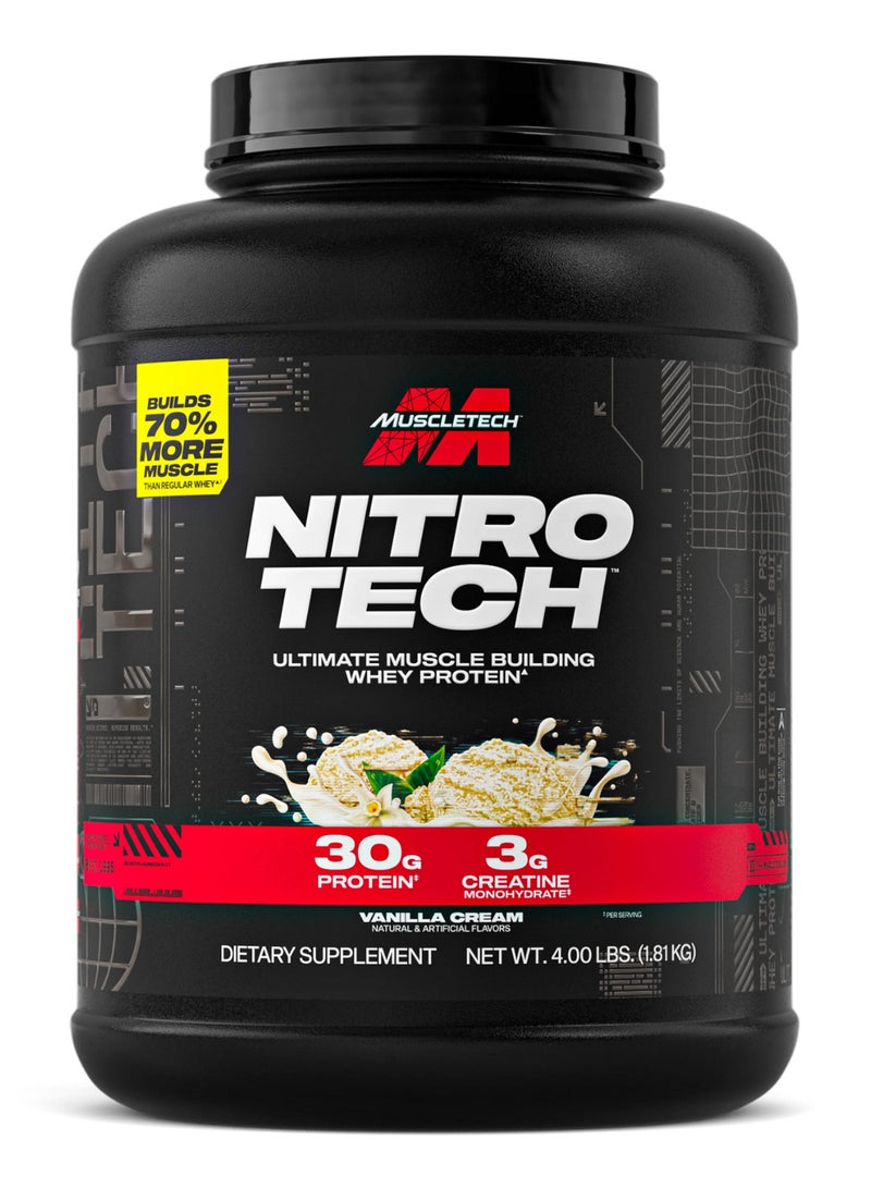 ماسل تيك مسحوق بروتين واي نيترو-تيك، نكهة كريمة الفانيليا، 30 جرام بروتين و 3 جرام كرياتين لكل حصة لبناء العضلات والتعافي، يبني 70% عضلات أكثر من الواي العادي، 4 أرطال (1.81 كجم). - Image 1
