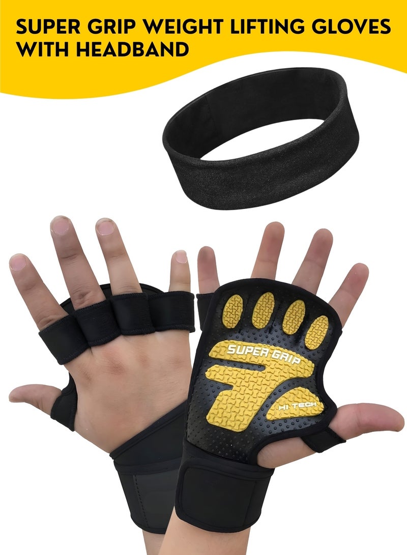قفازات رفع الأثقال مع دعامة للمعصم وعصابة رأس - قفازات رياضية متينة، مانعة للانزلاق، ذات قبضة فائقة، قفازات رياضية نصف أصبع جيدة التهوية للرجال والنساء، مناسبة لتدريبات الأثقال والكروسفت - Image 1
