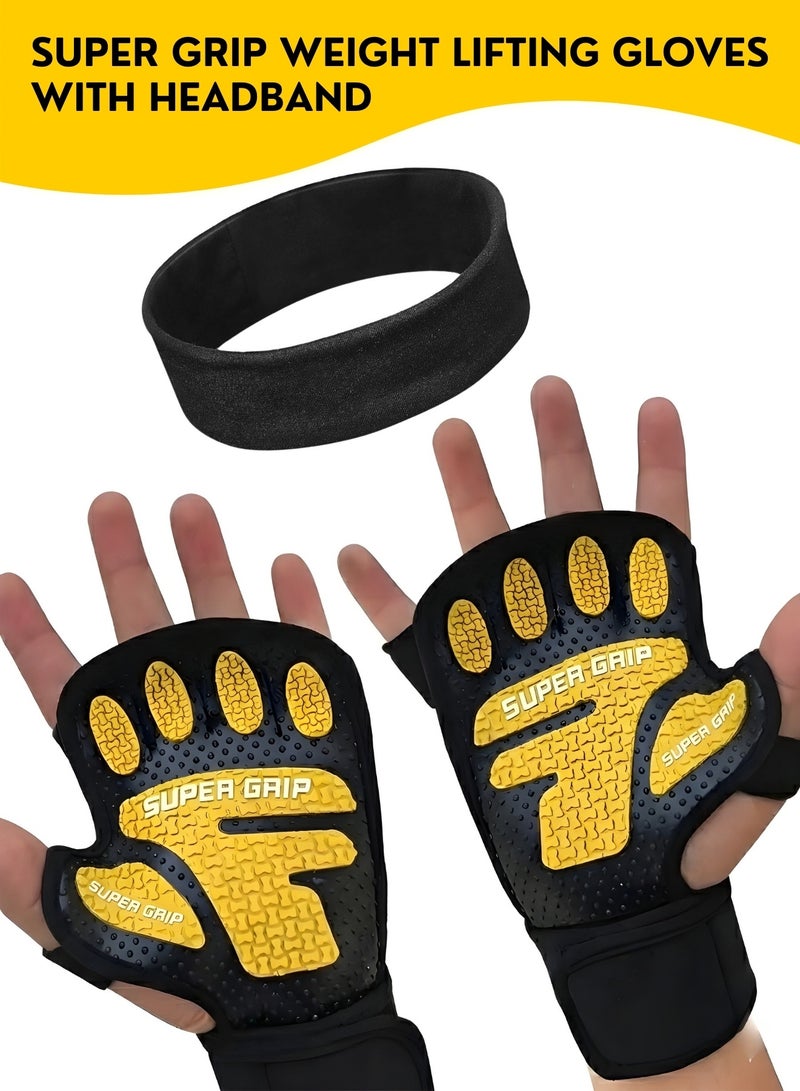 قفازات رفع الأثقال مع دعامة للمعصم وعصابة رأس - قفازات رياضية متينة، مانعة للانزلاق، ذات قبضة فائقة، قفازات رياضية نصف أصبع جيدة التهوية للرجال والنساء، مناسبة لتدريبات الأثقال والكروسفت - Image 3