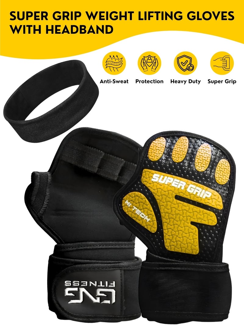 قفازات رفع الأثقال مع دعامة للمعصم وعصابة رأس - قفازات رياضية متينة، مانعة للانزلاق، ذات قبضة فائقة، قفازات رياضية نصف أصبع جيدة التهوية للرجال والنساء، مناسبة لتدريبات الأثقال والكروسفت - Image 2