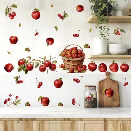 Barri Design Apple Wall Stickers Vintage Fruit Wall Sticker Watercolor Red Cherry Apples Decals Peel and Stick Kitchen Stickers Retro Country Fruit Wall Decals for Nursery Bedroom Cabinet Decor - Image 1