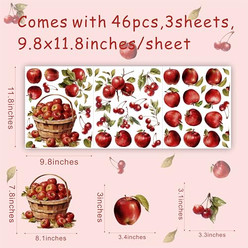 Barri Design Apple Wall Stickers Vintage Fruit Wall Sticker Watercolor Red Cherry Apples Decals Peel and Stick Kitchen Stickers Retro Country Fruit Wall Decals for Nursery Bedroom Cabinet Decor - Image 5