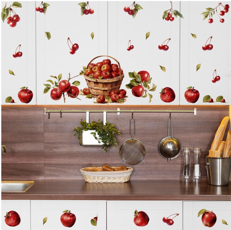 Barri Design Apple Wall Stickers Vintage Fruit Wall Sticker Watercolor Red Cherry Apples Decals Peel and Stick Kitchen Stickers Retro Country Fruit Wall Decals for Nursery Bedroom Cabinet Decor - Image 3