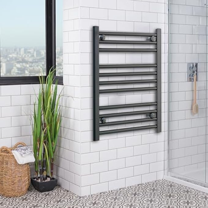 700MM WIDE BLACK HEATED TOWEL RAIL STRAIGHT FLAT BATHROOM WARMER RADIATOR RACK CENTRAL HEATING (700MM WIDE - 600MM HEIGHT) - Image 1