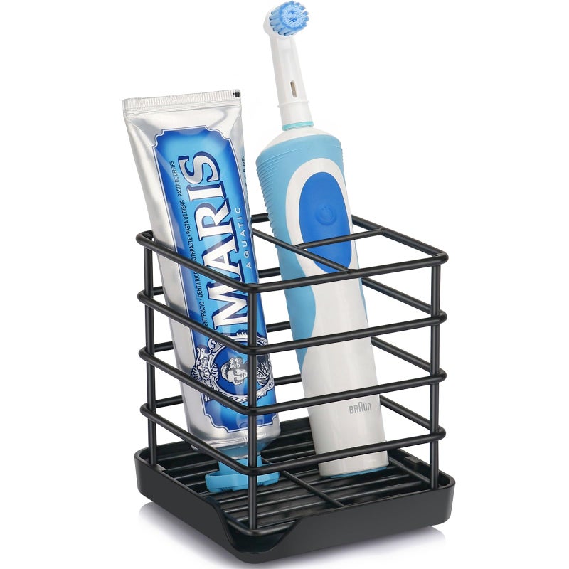 Toothbrush Holders for Bathrooms Stainless Steel Bathroom Toothbrush Holder Kids Electric Tooth Brushing Holder Stand and Toothpaste Holder for Bathroom Accessories Organizer with Tray Black Small