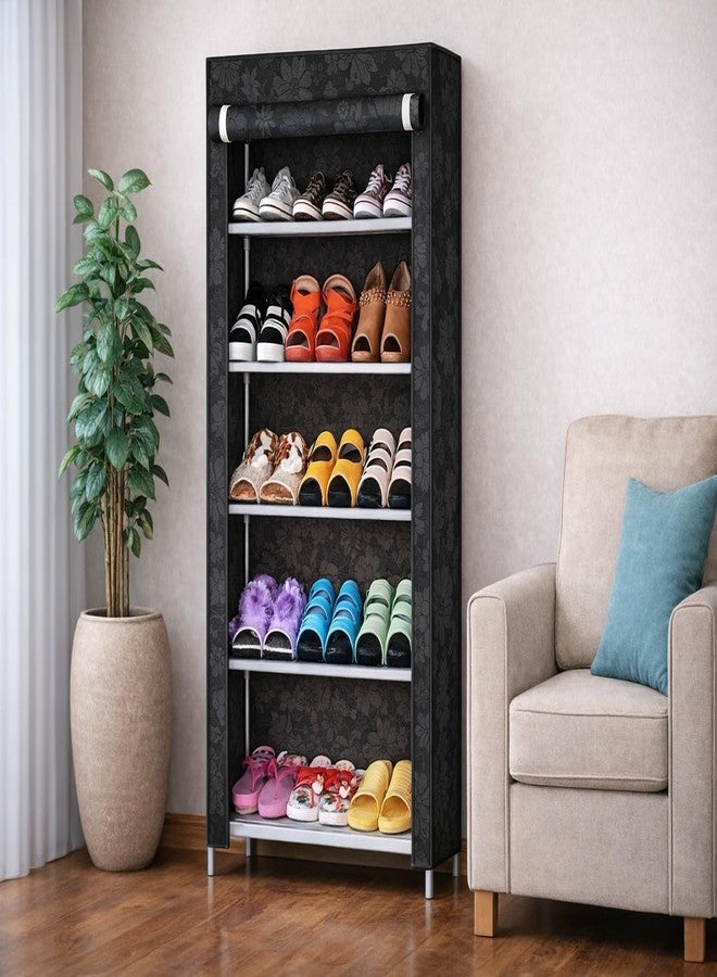 SIMSAN Shoe Rack Organizer with Fabric Cover, 5 Tier Storage, Space Saving (black- flaver)