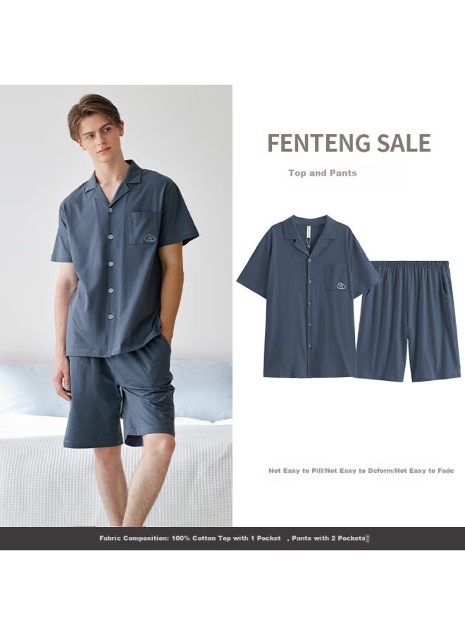 Fenton Fenteng Men's Summer Loose Casual Cotton Home Wear Set Gentlemen Blue 4XL - Image 1