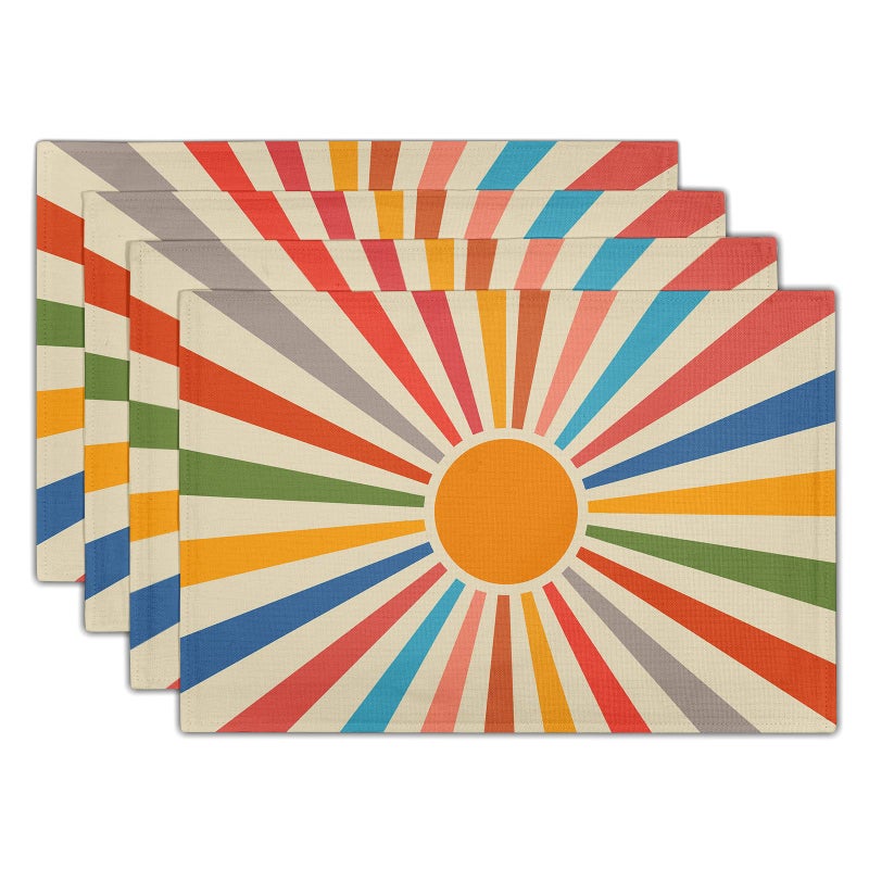 aportt Colorful Boho Placemats Set of 4 Rustic Retro Rainbow 70s Sun Linen Washable Kitchen Dining Table Mats Stain Heat-Resistant Desktop Decor Place Mats for Home Party Indoor 12x18 in - Image 1