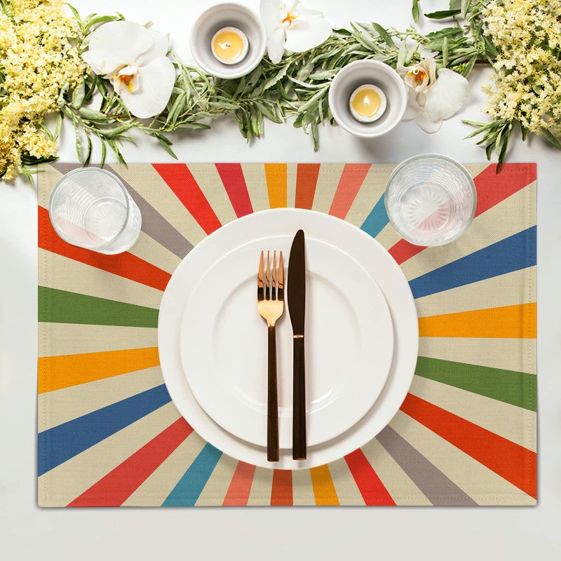 aportt Colorful Boho Placemats Set of 4 Rustic Retro Rainbow 70s Sun Linen Washable Kitchen Dining Table Mats Stain Heat-Resistant Desktop Decor Place Mats for Home Party Indoor 12x18 in - Image 3