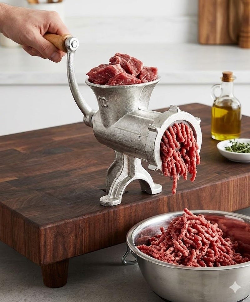 Heavy Duty Aluminum Manual Meat Grinder, Size 10, with Stand and Wooden Handle, for Mincing Meat, Vegetables and Biscuits - Image 3