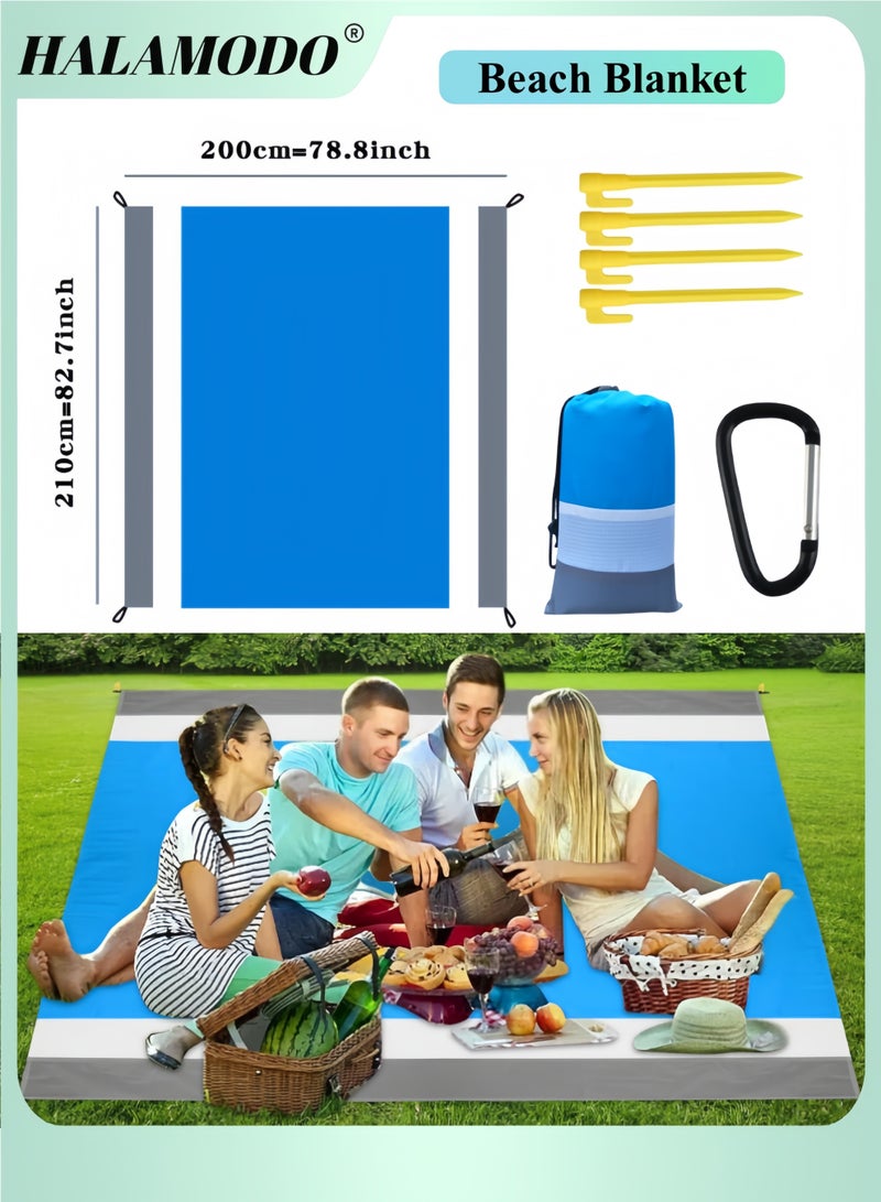 HALAMODO Beach Blanket with Stake and Pouch Waterproof Sandproof Beach Mat Quick Drying Outdoor Picnic Mat Large Leisure Beach Mat for Travel & Camping & Park 82x78 inches - Image 1